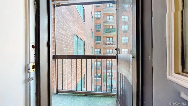 a view of a balcony from a window