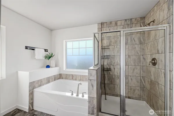 a bathroom with a bathtub and a shower