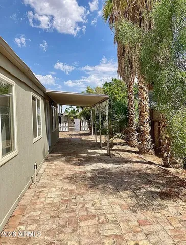 a view of backyard with large trees and plants