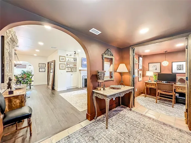 a workspace with furniture window and outside view