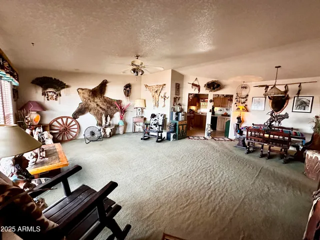 a view of a livingroom with furniture and a ceiling fan