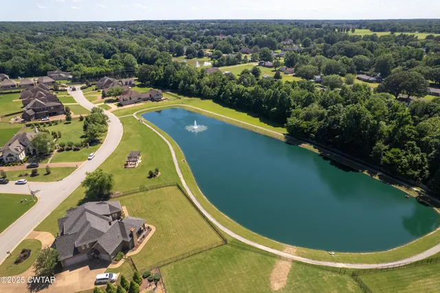 an aerial view of a swimming pool