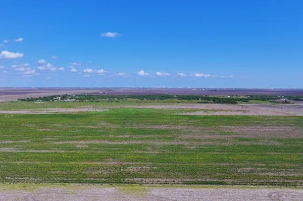 a view of a field with an ocean