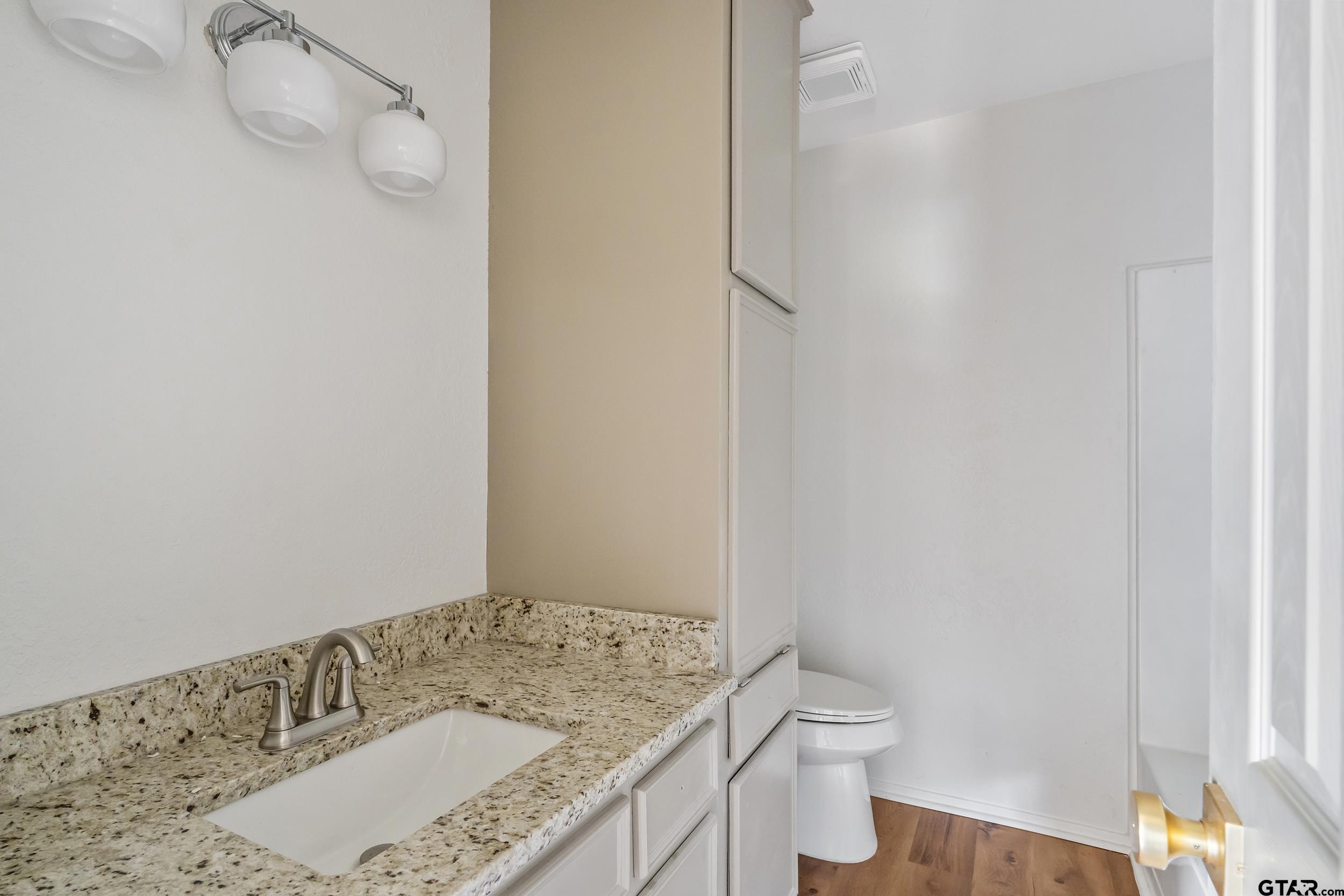 1602 Bowie Circle Tyler, TX 75701 - Photo 6 of 9 a bathroom with a granite countertop sink and a toilet