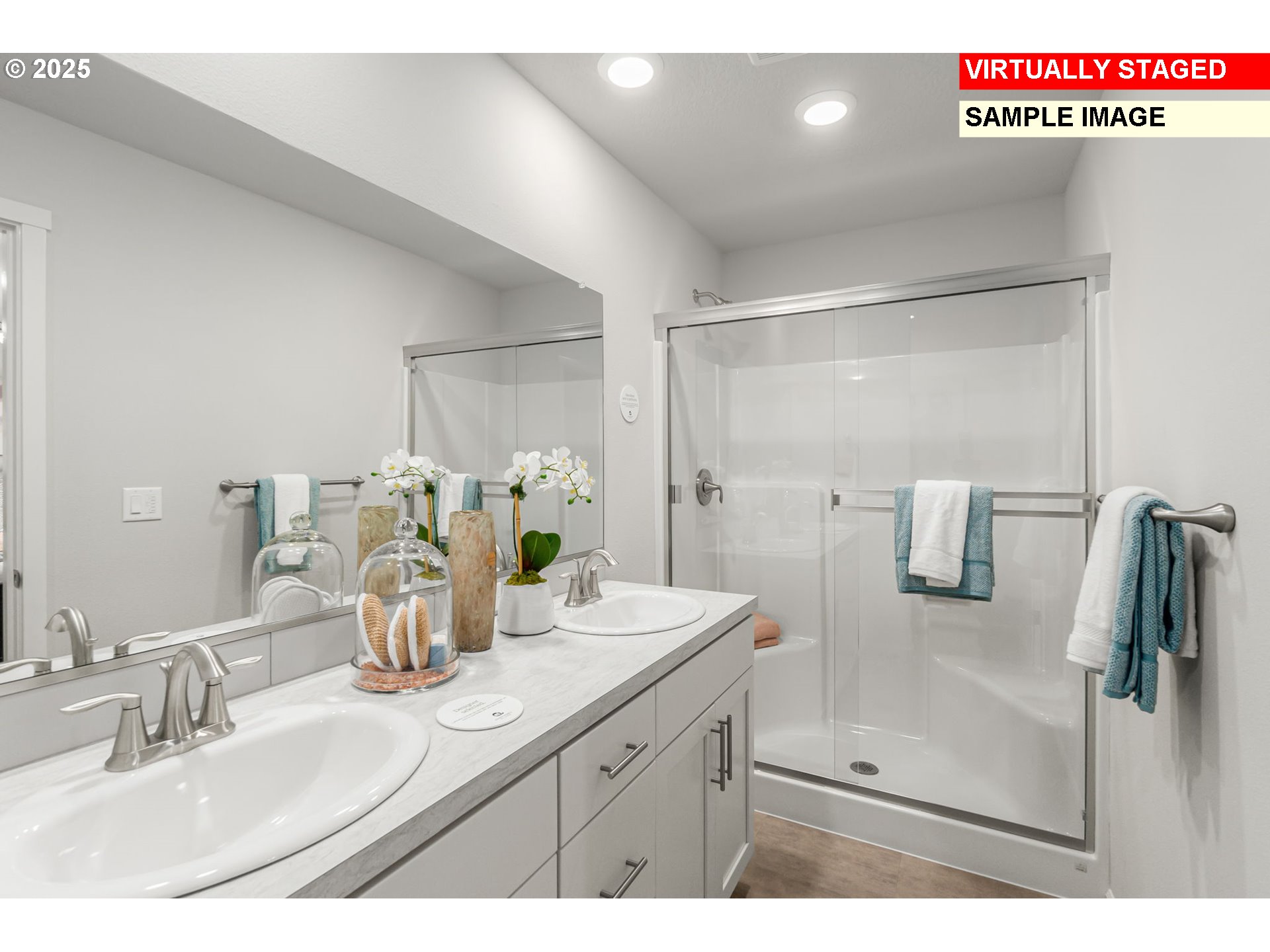 1074 Clemson Street Gervais, OR 97026 - Photo 12 of 18 a bathroom with a granite countertop sink a mirror and shower