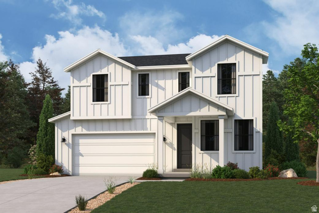 159 Smooth Sandstone Way, Unit 274 Eagle Mountain, UT 84005 - Photo 1 of 4 Modern farmhouse featuring board and batten siding, a garage, driveway, and a front lawn