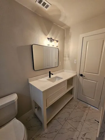 a bathroom with a sink toilet and mirror