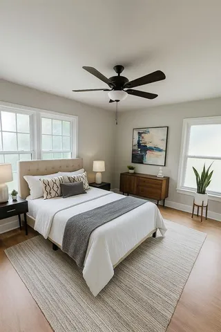 a bedroom with bed and window