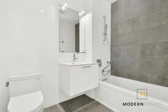 a bathroom with a toilet a sink a mirror and bathtub