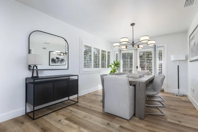 a view of a dining room with furniture window and wooden floor