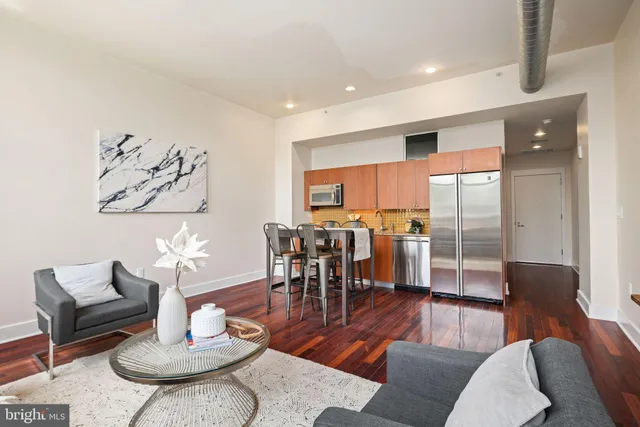 a living room with furniture kitchen view and a dining table