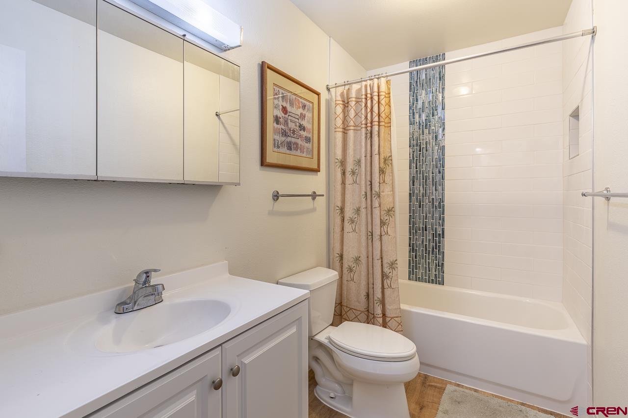 1900 Florida Road, Unit A6 Durango, CO 81301 - Photo 19 of 25 a bathroom with a sink a toilet and shower curtain