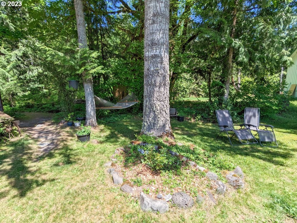 72769 Snowdon Road Rhododendron, OR 97049 - Photo 45 of 48 a backyard of a house with table and chairs a barbeque with a large tree