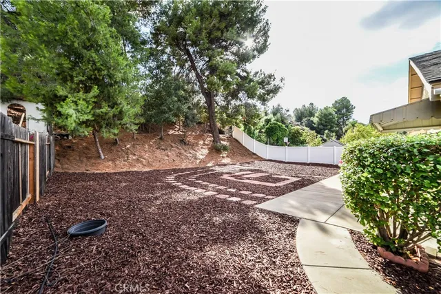 a view of a backyard with large trees