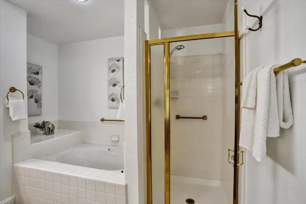 a bathroom with a tub a sink and a shower