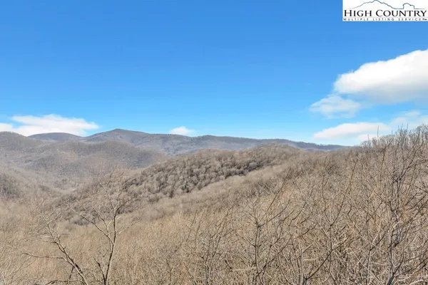 a view of a dry yard with mountains in the background