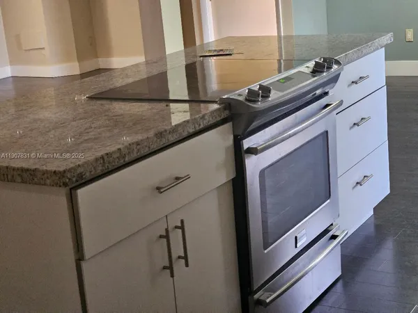 a close view of stove and microwave