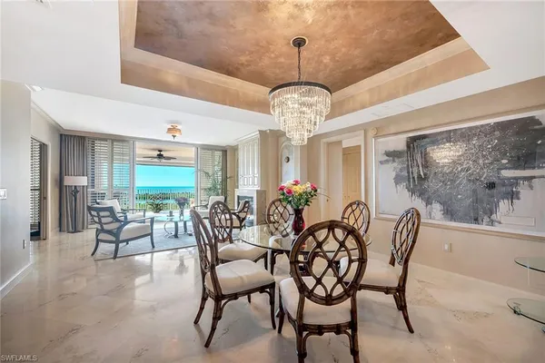 a view of a dining room with furniture window and outside view