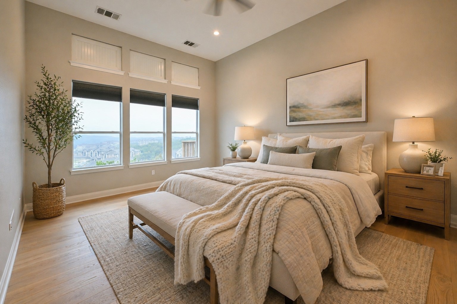 232 Sunrise Ridge Loop Austin, TX 78738 - Photo 14 of 37 Bedroom featuring expansive window wall with integrated blinds, wood-finish flooring, vaulted ceiling, and recessed lighting