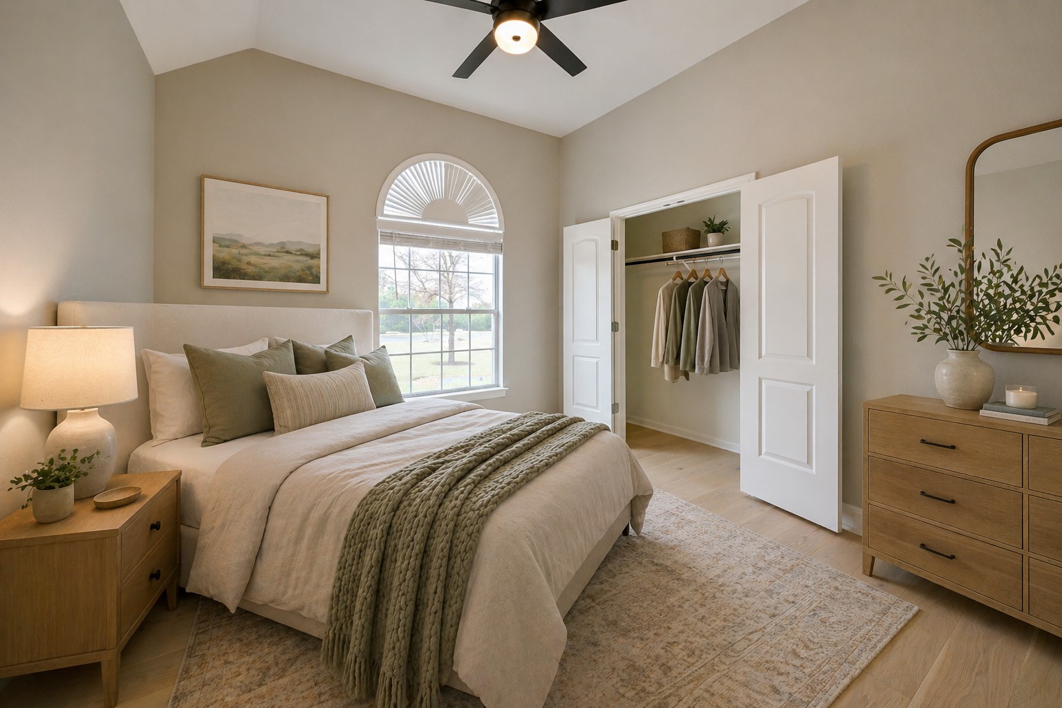 232 Sunrise Ridge Loop Austin, TX 78738 - Photo 23 of 37 Vaulted ceiling with a ceiling fan, arched window with a sunburst-style blind, built-in closet with double doors, and light wood-finish flooring