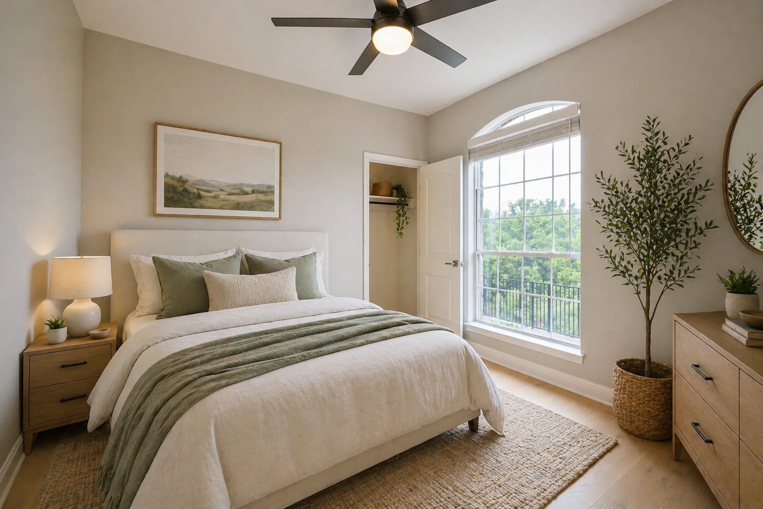 232 Sunrise Ridge Loop Austin, TX 78738 - Photo 25 of 37 Bedroom featuring an arched window with grid-patterned panes, wood-finish flooring, a built-in closet, and a ceiling fan with integrated lighting