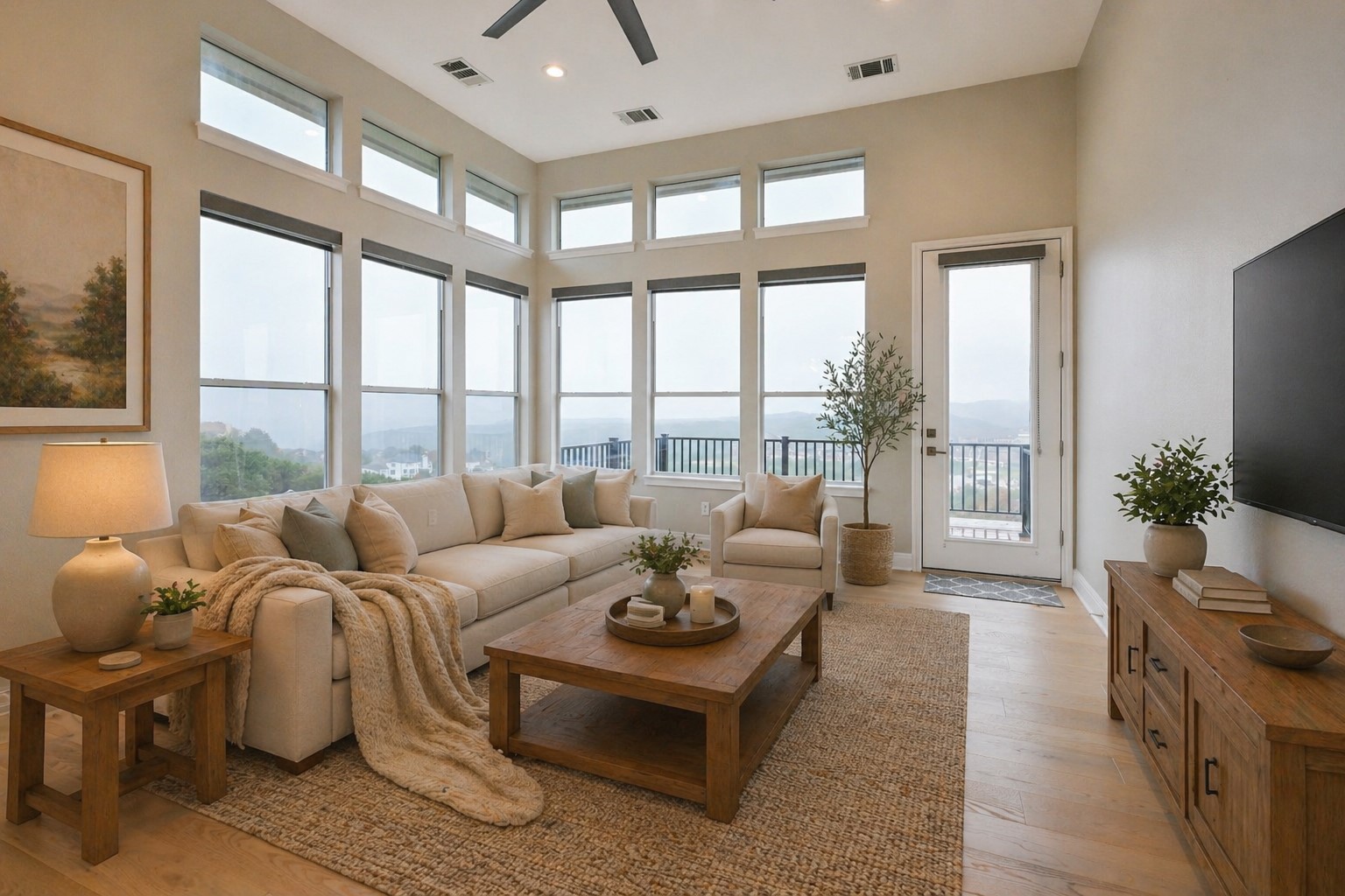 232 Sunrise Ridge Loop Austin, TX 78738 - Photo 3 of 37 Spacious living area featuring expansive windows, a high ceiling with recessed lighting, light wood-finish flooring, and a glass-paneled door opening to an outdoor area