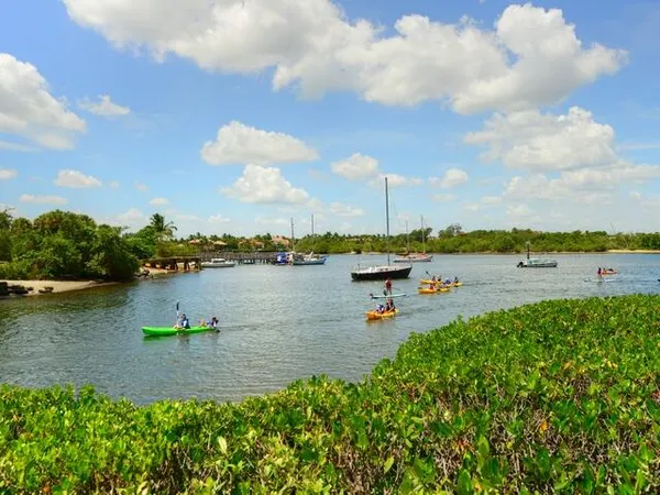 a view of a lake with houses in the back