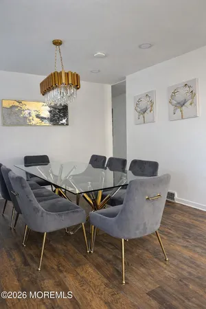 a view of a dining room with furniture