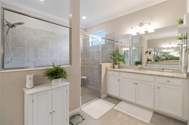 a bathroom with a sink mirror and a shower