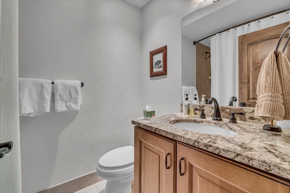 73 Last Chance Lane Dillon, CO 80435 - Photo 34 of 46 a bathroom with a granite countertop sink and a toilet