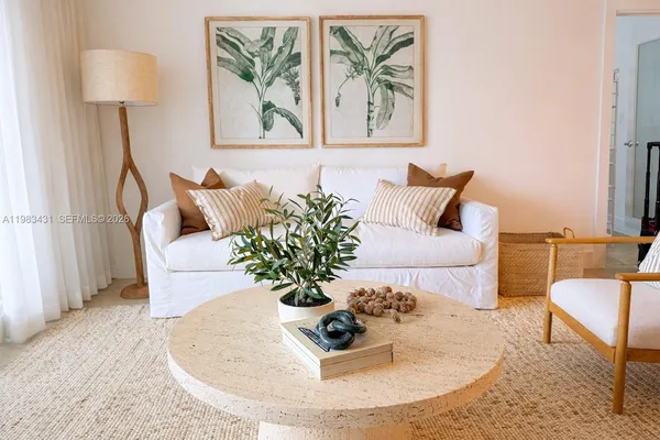 a living room with furniture flowerpot and a rug