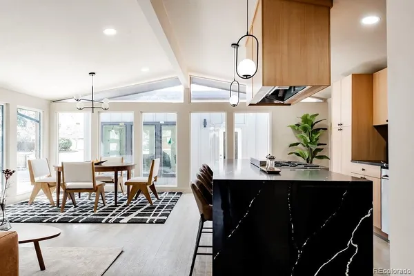 a view of a dining room with furniture