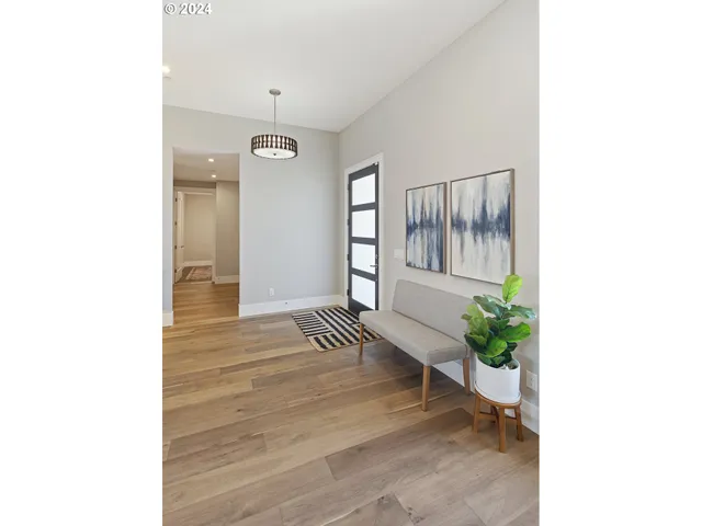 a view of a hallway with wooden floor and a potted plant