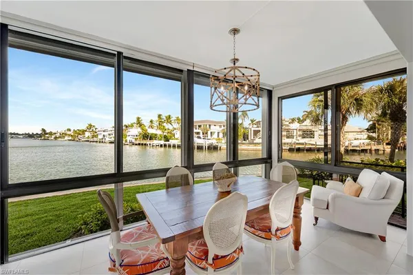a view of a dining room with furniture large windows and wooden floor