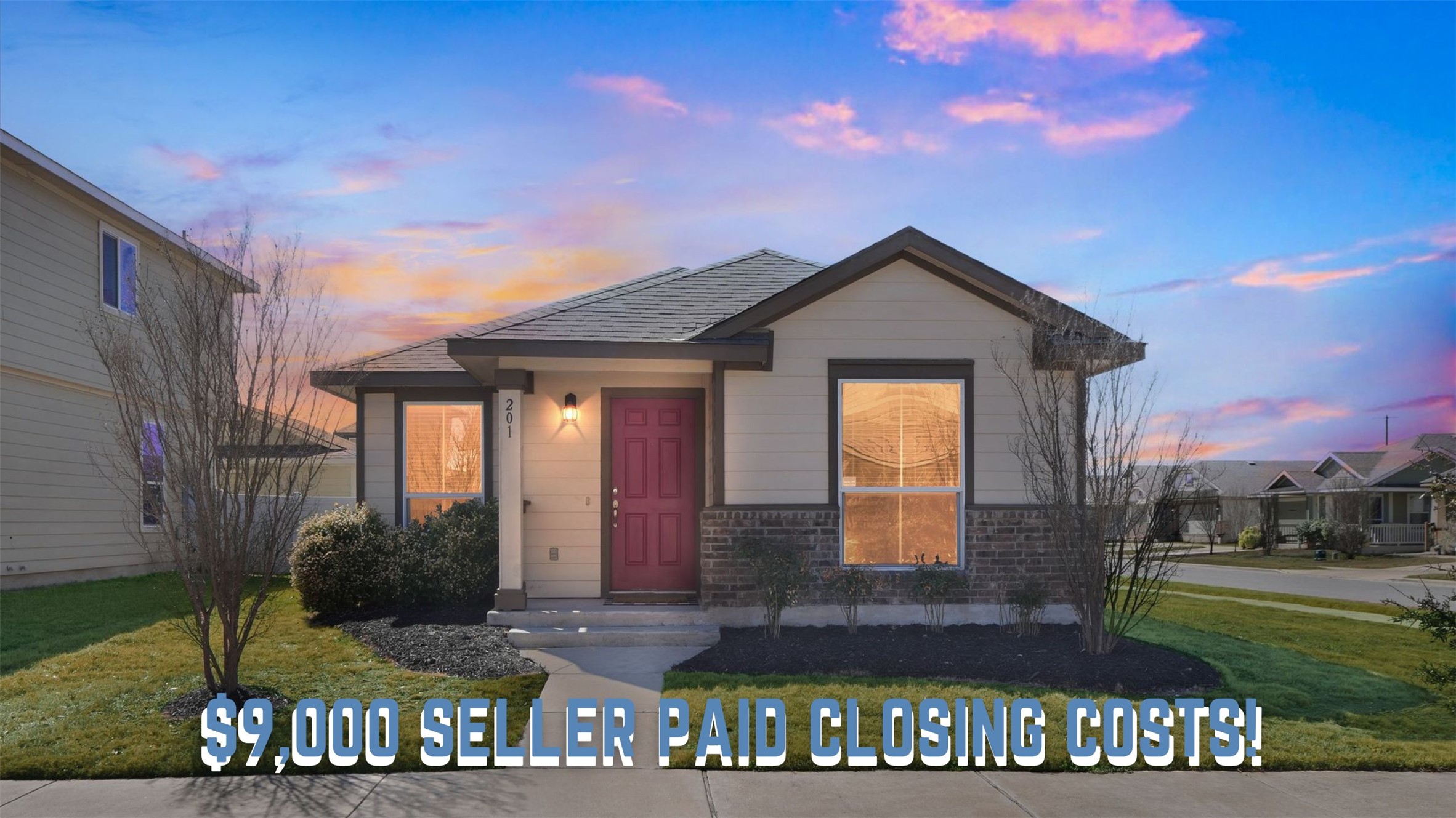 Charming curb appeal on a corner lot at 201 Cane River Road in Pflugerville, TX 78660. Fresh landscaping, a welcoming covered entry, and a detached rear garage create a clean, modern front elevation.