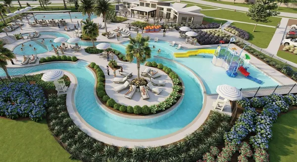 a view of a swimming pool with outdoor seating and yard