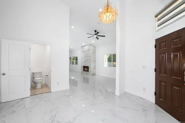 workspace with a chandelier