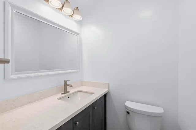 a bathroom with a sink vanity and a toilet