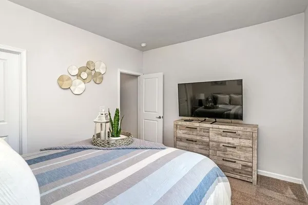 a bedroom with a bed and a television