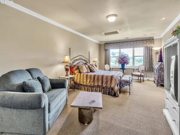 a living room with furniture a rug and a chandelier