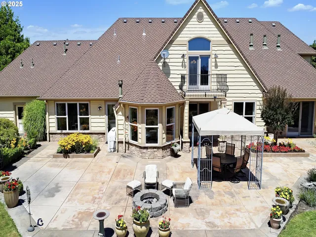 a front view of a house with patio
