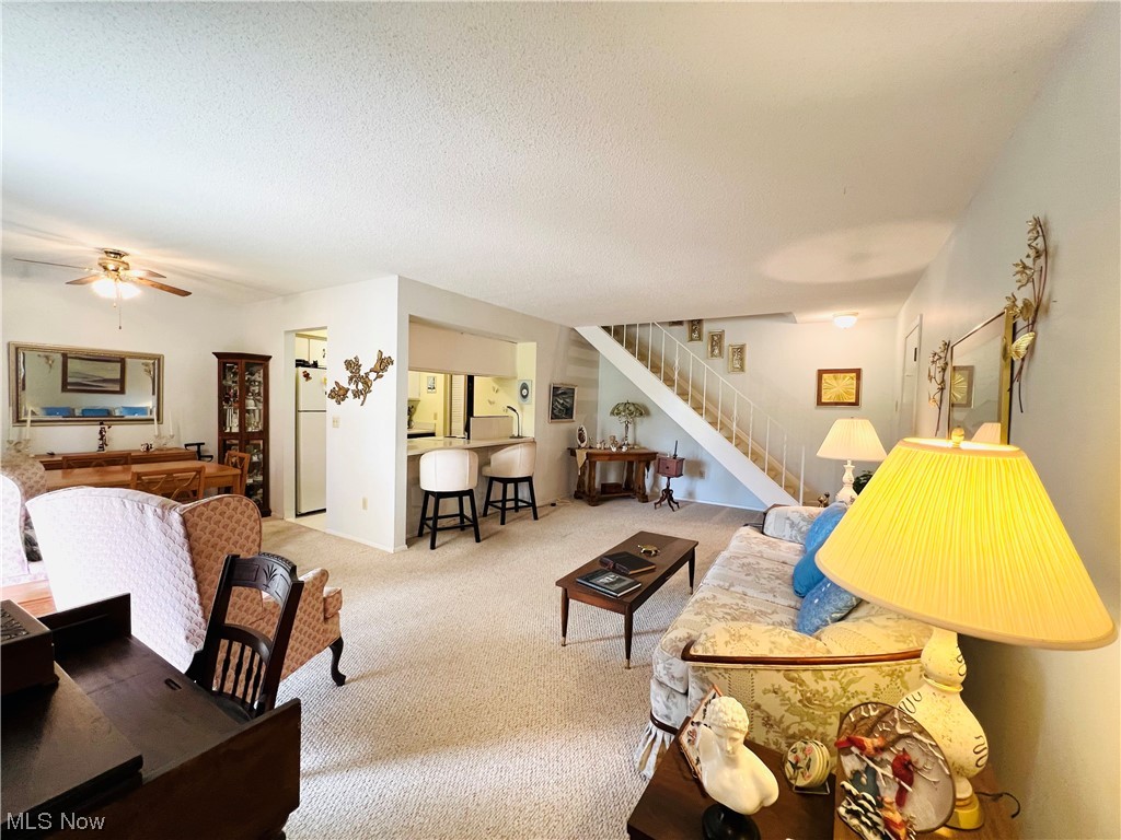 4940 Friar Road, Unit B Stow, OH 44224 - Photo 6 of 33 Carpeted living room with ceiling fan and a textured ceiling