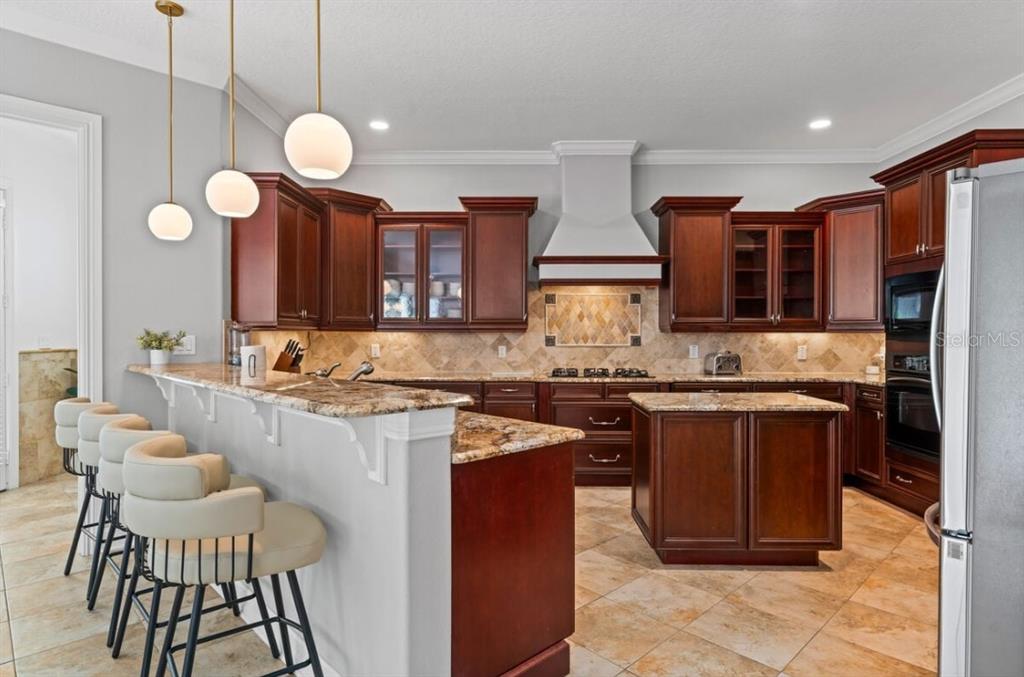 1227 Radiant Street Reunion, FL 34747 - Photo 23 of 70 a kitchen with stainless steel appliances granite countertop wooden cabinets a stove a sink and a white refrigerator