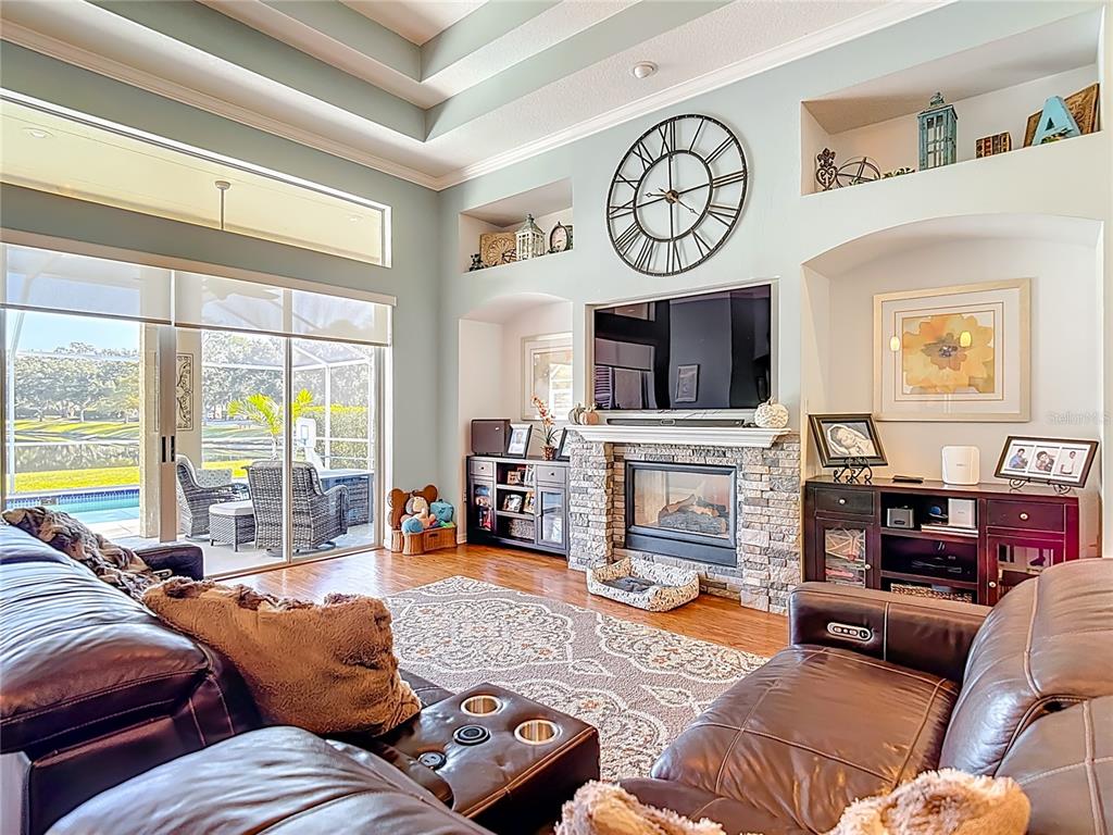 4805 Tea Rose Court Lutz, FL 33558 - Photo 14 of 59 a living room with furniture a fireplace and a flat screen tv