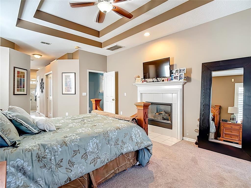 4805 Tea Rose Court Lutz, FL 33558 - Photo 30 of 59 a bedroom with a bed and a fireplace