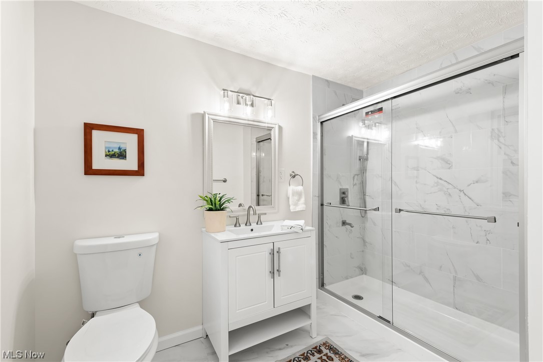 896 Beechers Brook Road Cleveland, OH 44143 - Photo 24 of 35 Bathroom featuring tile flooring, toilet, vanity, a textured ceiling, and a shower with shower door
