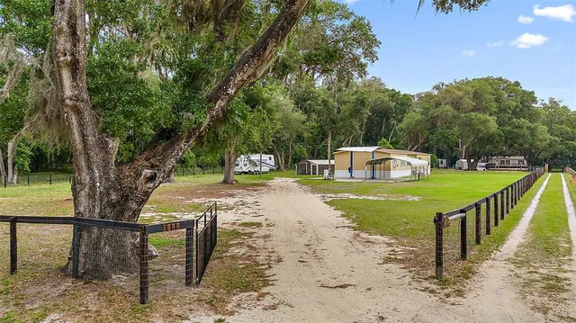 a view of a house with backyard and a tree