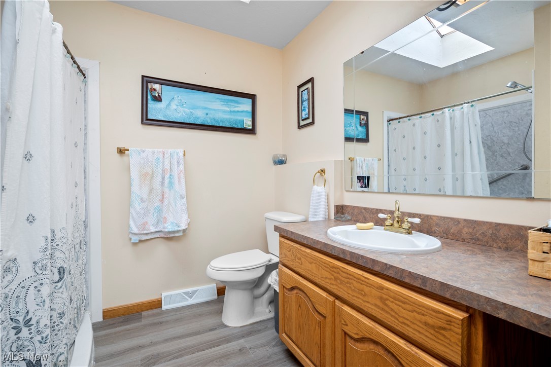 14951 Rickel Road West Salem, OH 44287 - Photo 12 of 46 Bathroom with a skylight, vanity, a shower with curtain, and light wood-style floors