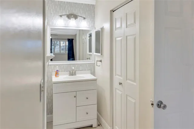 a bathroom with a sink and a mirror