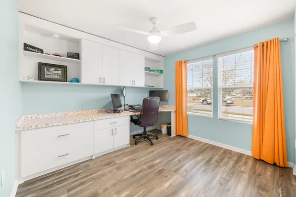a room with a workspace